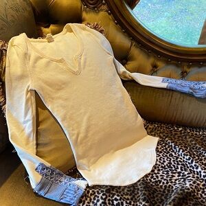 We The Free Boho Waffle Thermal with blue patchwork and lace sleeve cuffs